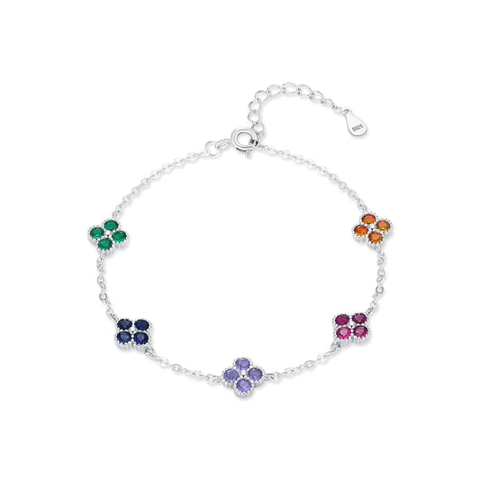 925 Sterling Silver Rainbow CZ Lucky Four Leaf Clover Chain Bracelet