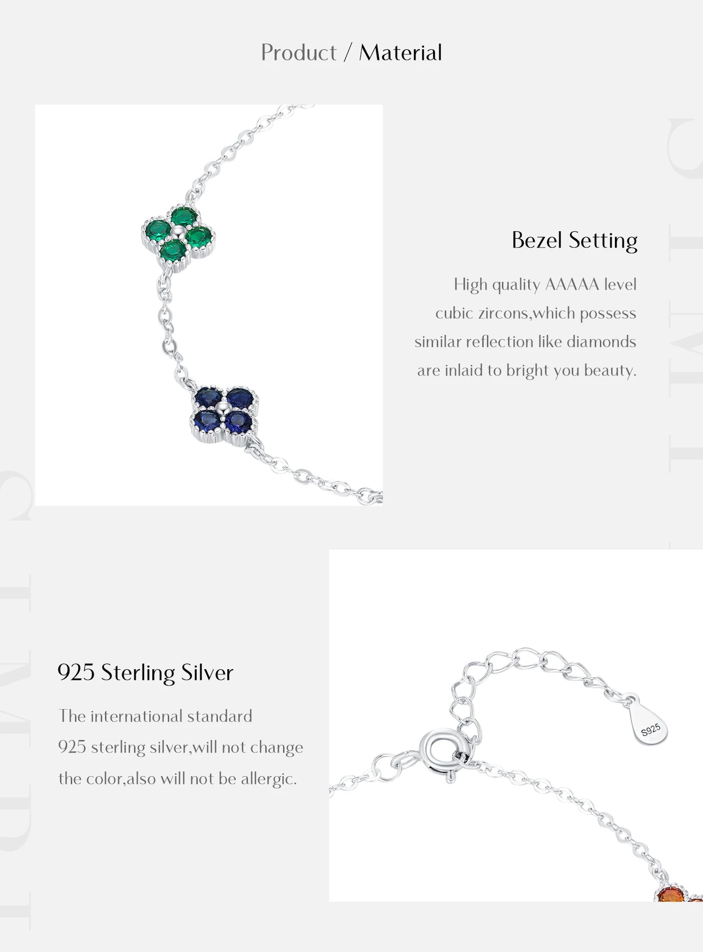 925 Sterling Silver Rainbow CZ Lucky Four Leaf Clover Chain Bracelet