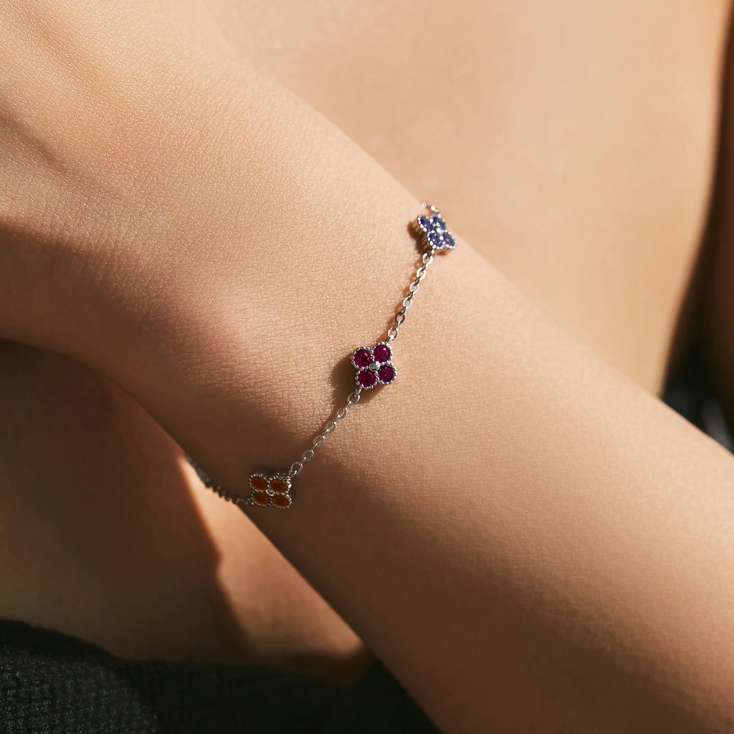 925 Sterling Silver Rainbow CZ Lucky Four Leaf Clover Chain Bracelet