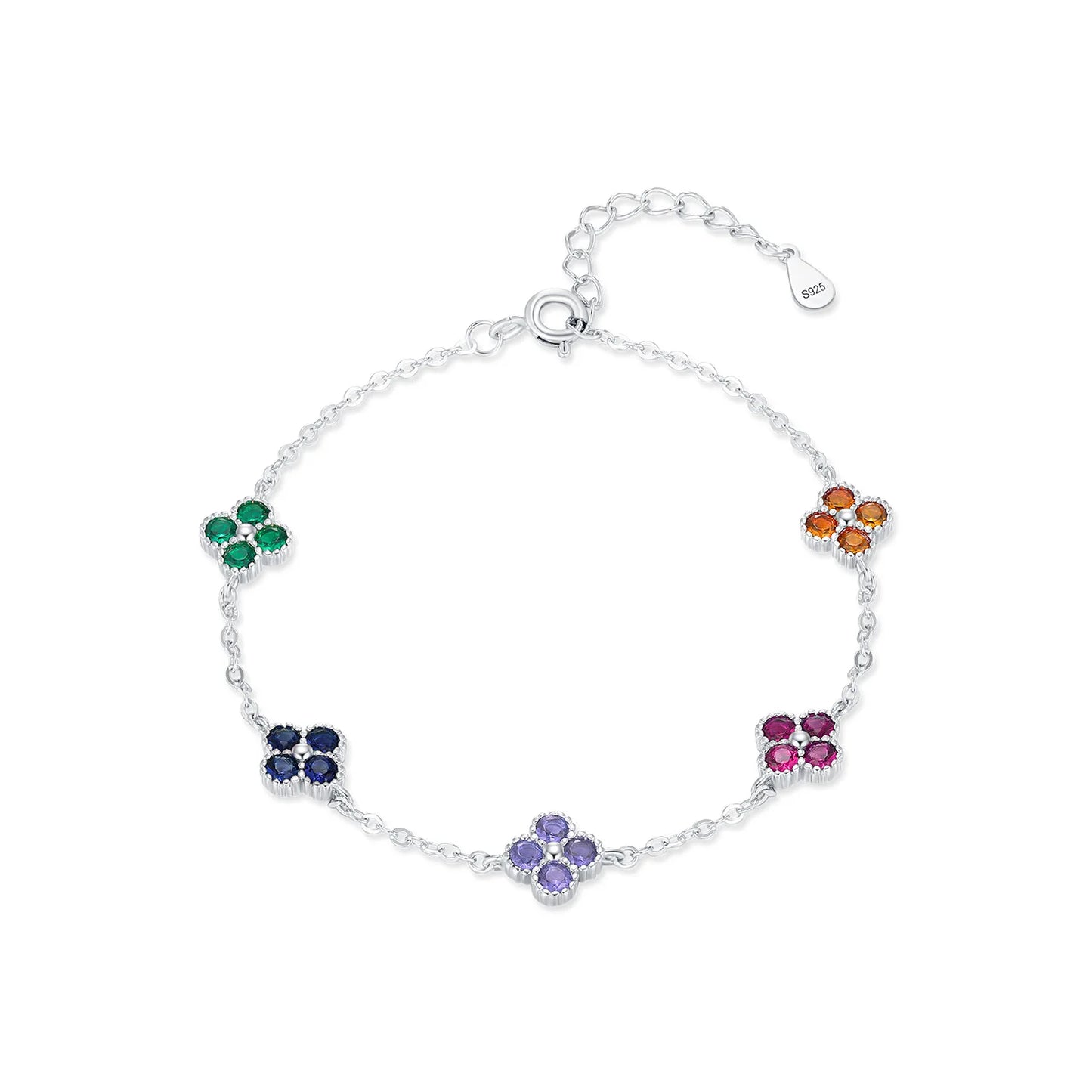 925 Sterling Silver Rainbow CZ Lucky Four Leaf Clover Chain Bracelet