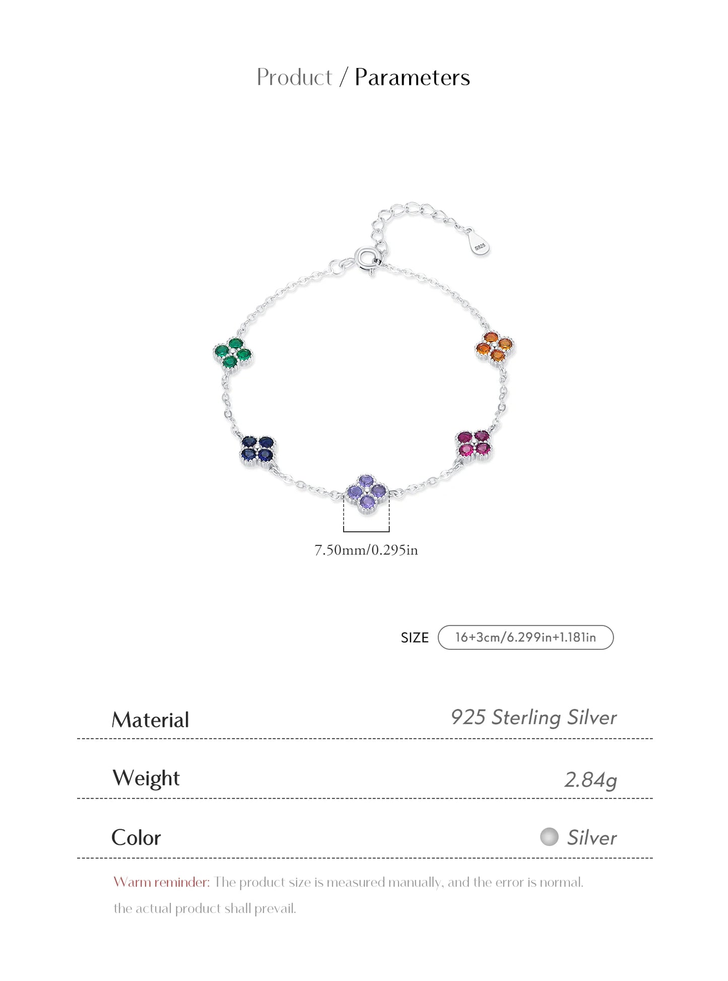 925 Sterling Silver Rainbow CZ Lucky Four Leaf Clover Chain Bracelet