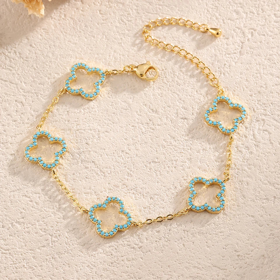 Yupsk New Blue Clear Shiny Zircon Hollow Four-leaf Flower Bracelet for Women
