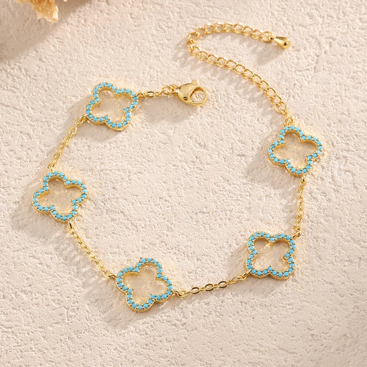 Yupsk New Blue Clear Shiny Zircon Hollow Four-leaf Flower Bracelet for Women
