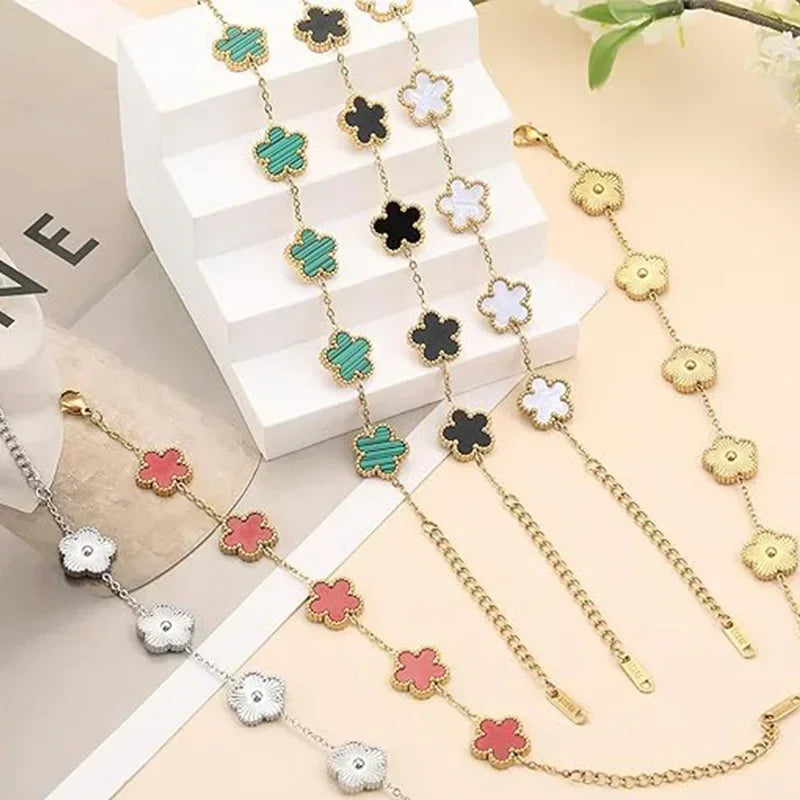 Lucky Clover Women's Hand Bracelets Double Sided Flowers Jewellery
