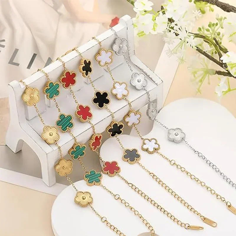 Lucky Clover Women's Hand Bracelets Double Sided Flowers Jewellery
