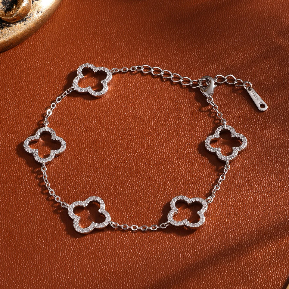 Yupsk New Blue Clear Shiny Zircon Hollow Four-leaf Flower Bracelet for Women