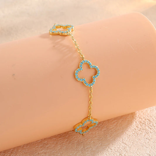 Yupsk New Blue Clear Shiny Zircon Hollow Four-leaf Flower Bracelet for Women